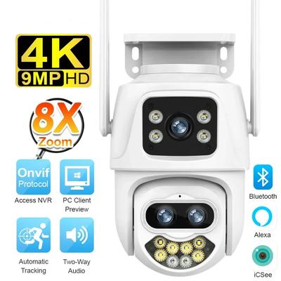 2024 New 9MP 4K Three Lens WiFi IP Camera Outdoor 8X Zoom Dual Screens PTZ Cameras Ai Auto Tracking CCTV Security Cam iCSee App