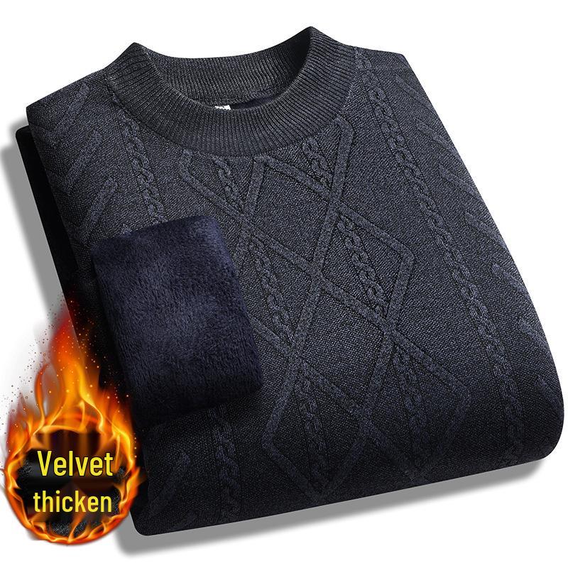 Men's Autumn/Winter Fleece-Lined Sweater for Middle-Aged & Elderly - Warm, Thick, Round Neck Design