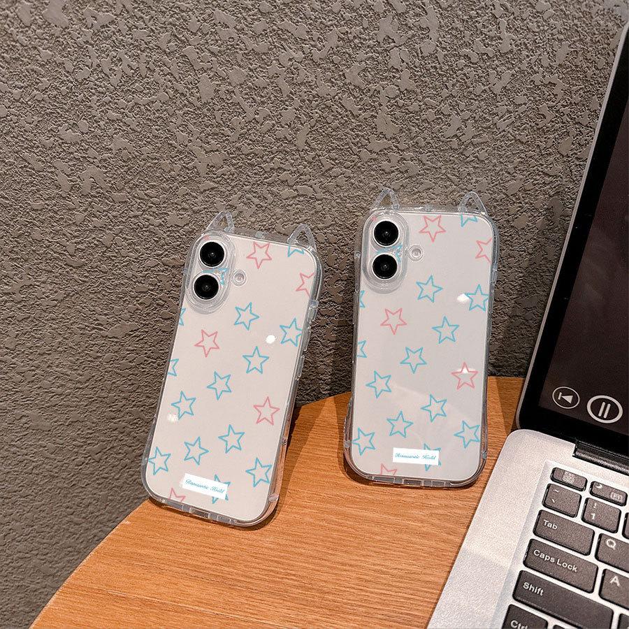 Colorful Cartoon Stars Cat Ear Phone Case for Apple 15/15 Pro Max - New Transparent Design for 11/12