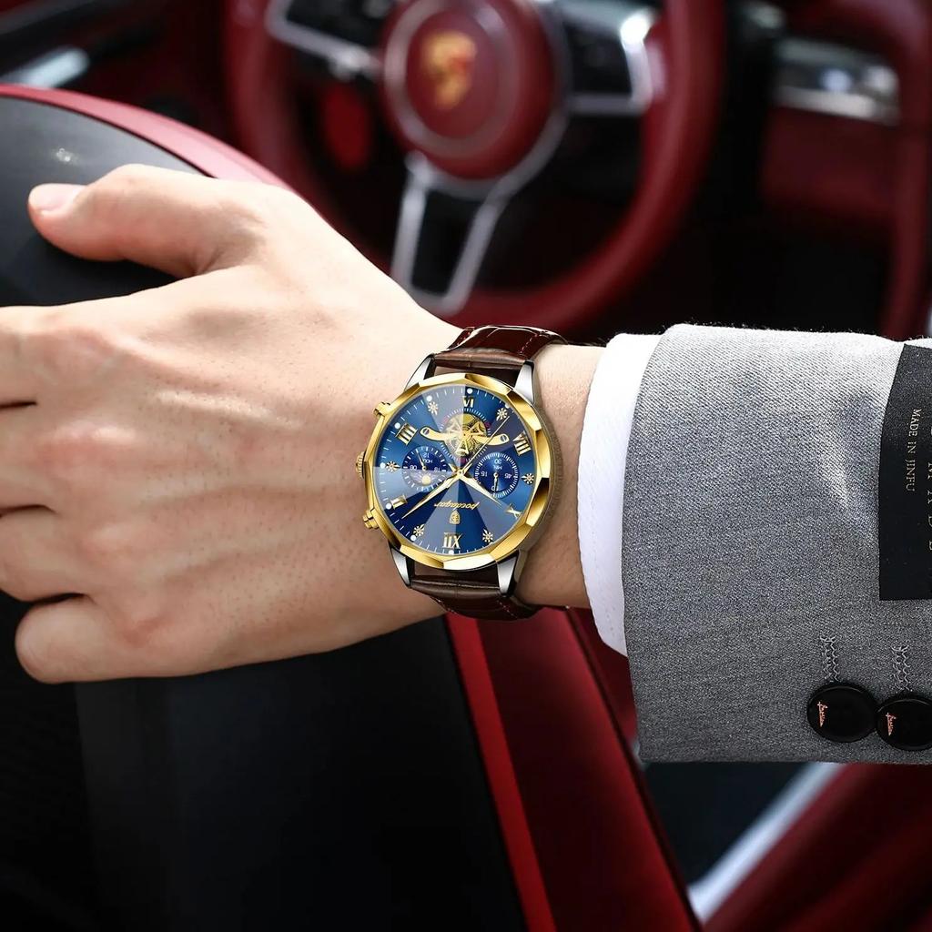 Luxury Men Wristwatch Quartz Waterproof Luminous Moon Phase Chronograph Leather Man Watch Male Reloj