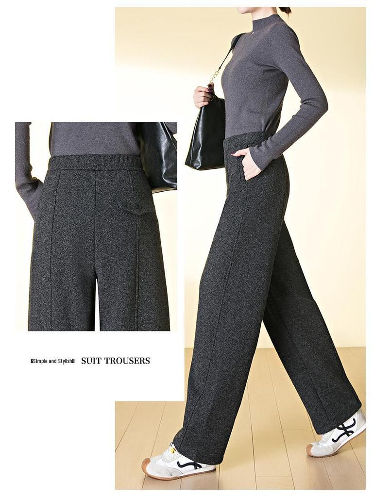 Women's Winter Thickened Velvet Wide-Leg Wool Pants - High Waist Slimming Casual Straight Leg Design.