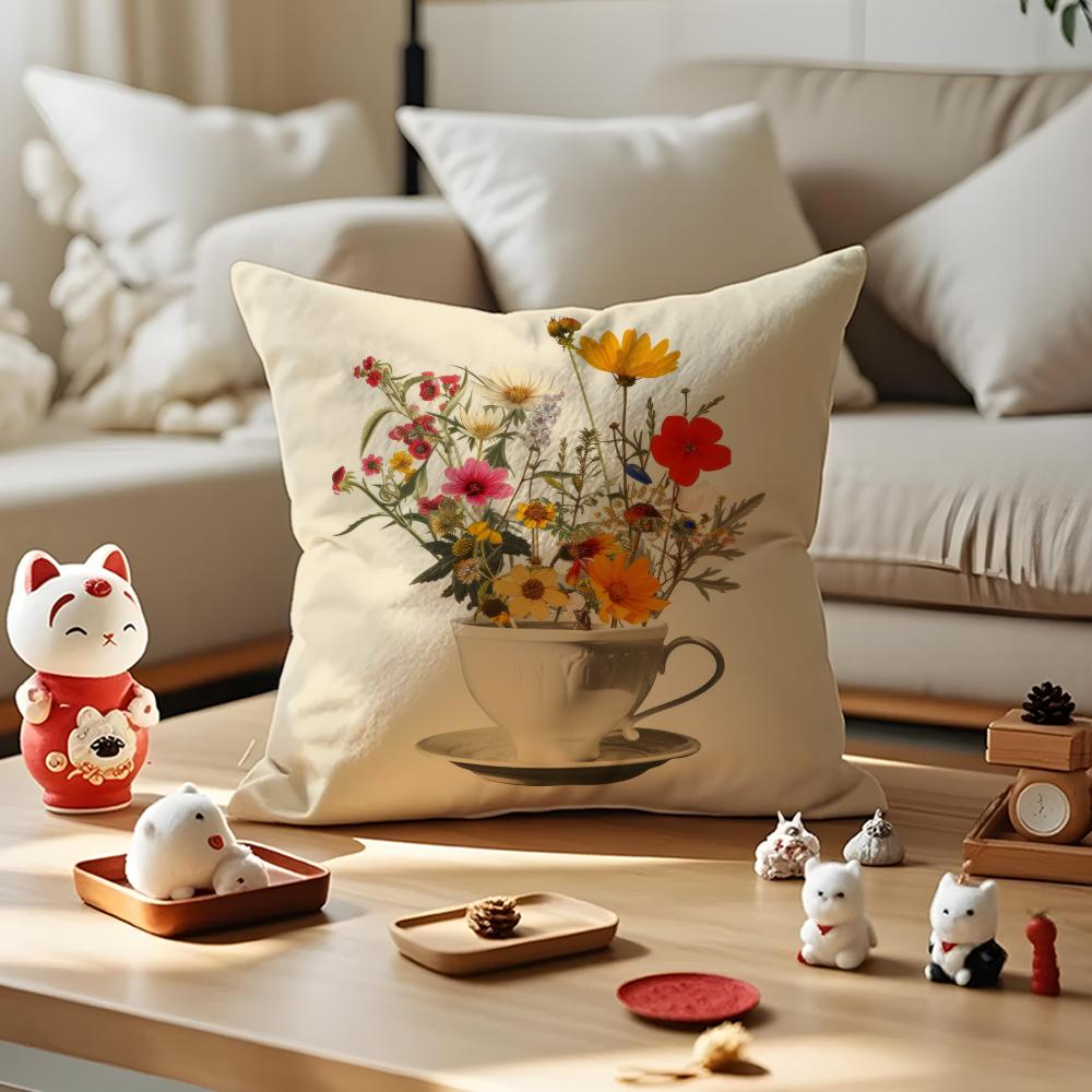 Painting Cup of Flowers Pillow Case Anti-dustmite Pillowcase Invisible Zipper Silky Short Plush Sofa Cushion Cover