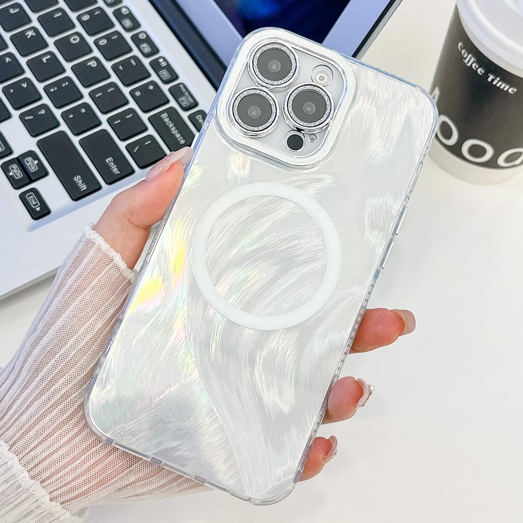 Feather Pattern Suitable for IPhone16promax Magnetic Phone Case Apple 15 with Electroplated Flash Powder Lens Film