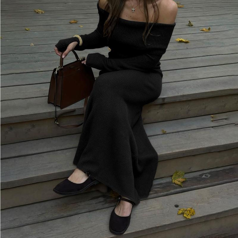 Off Shoulder Casual Dress Knitwear Maxi Dress Female Slim Elegant Fashion Autumn 2025 Ribbed Knit Dress For Women Long Dress