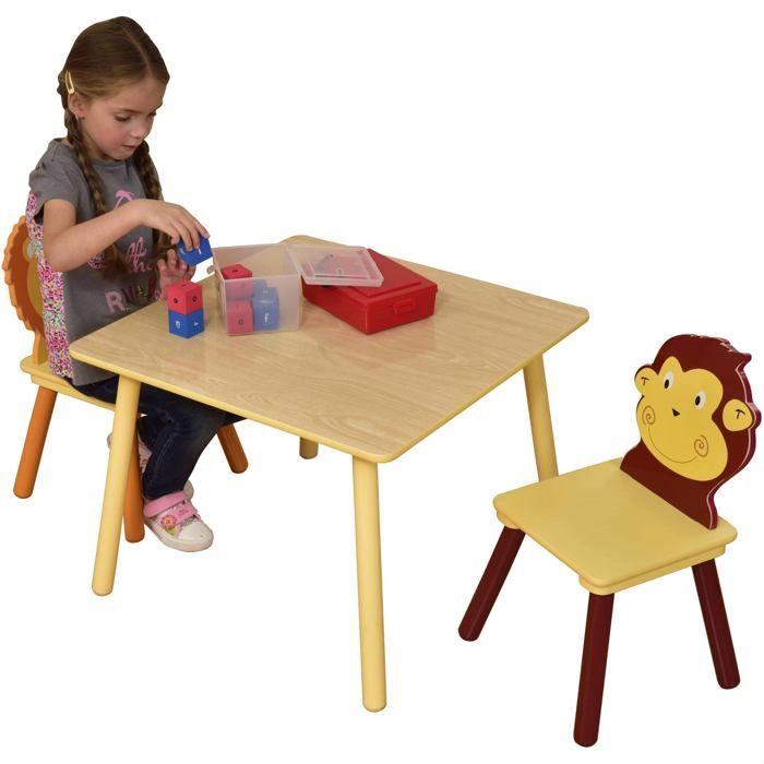 GINGER HOME Kindertisch + 2 Holzstühle – Thema TIERE – Spielen, Malen, Essen, Lernen – Für Kinderzimmer oder Kindergarten