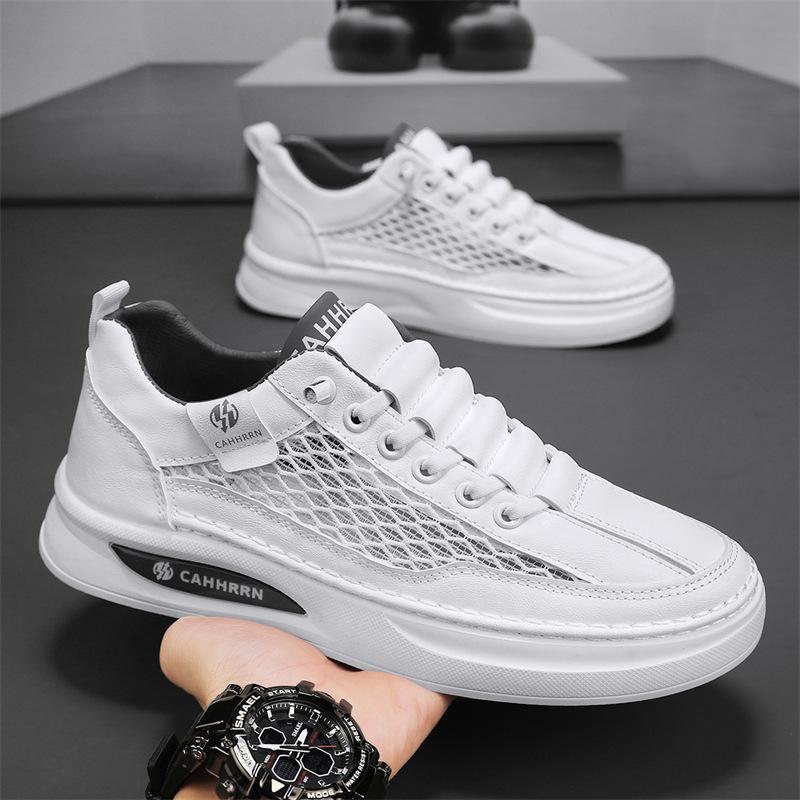 Men's shoes 2025 summer new mesh breathable hollow leather board shoes student youth casual shoes sports trendy shoes