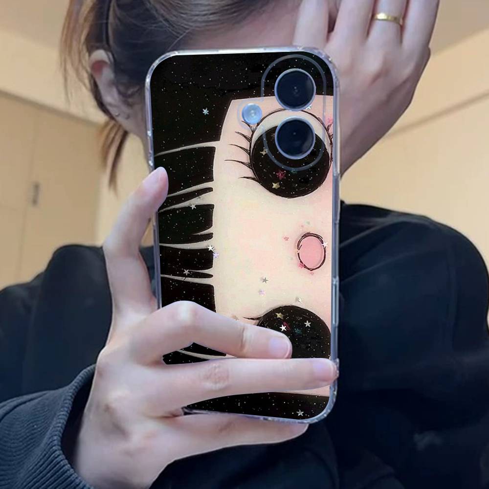 Kawaii Cute Black Big Eyes Cool Clear Silicone Soft Phone Case For iPhone 11 12 13 14 15 16 Mini 17 Pro Max TPU Phone Case