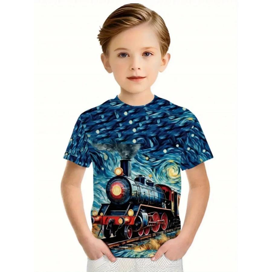 

Fashion Boys T-Shirt Trends Summer New Retro Train Engine Pattern Printed Street Fashion Cool Round Neck Outdoors Kids T-Shirt 170