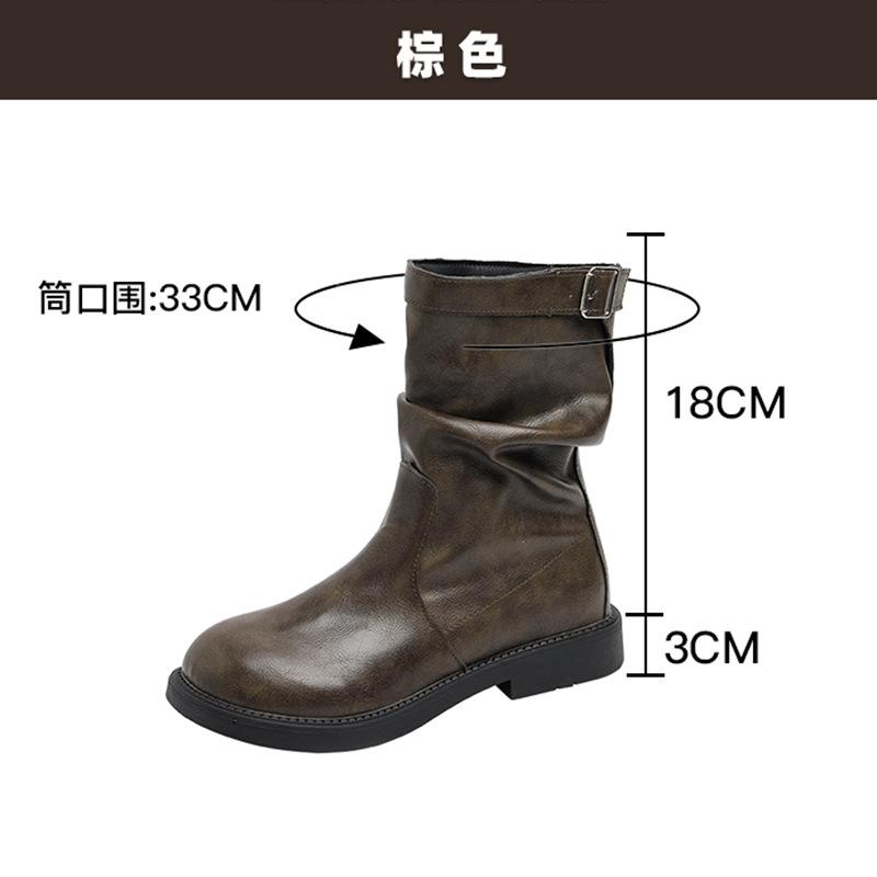 Brown Thick Heel Retro Pleated Pile Boots British Style Short Boots Women's 2025 Spring and Autumn New Round Head Boots Medium Boots