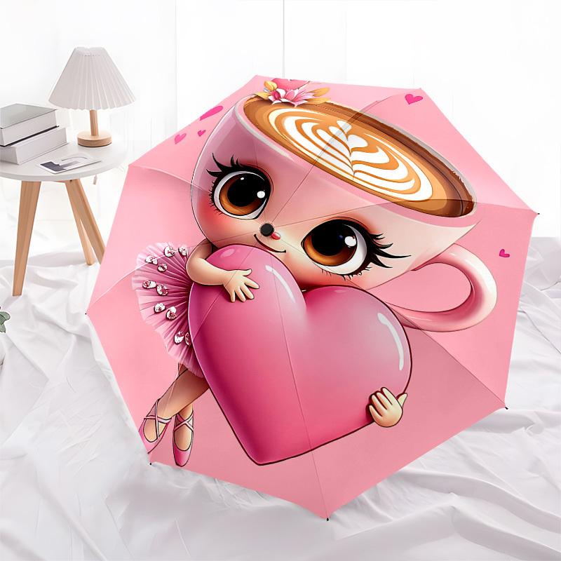 1pc Cappuccino Heart Themed Umbrella, 8 Rib Frame,Automatic Opening 3 Fold Umbrella, Lightweight and Durable Couple Umbrella-110