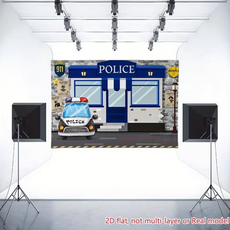 2D Cartoon Police Station Backdrop with Police Car & Wanted Posters