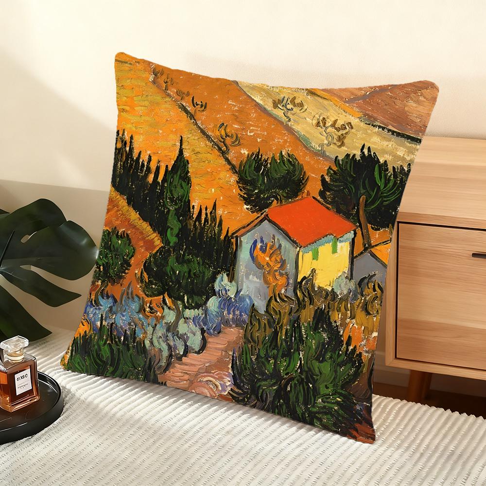 V-Van Gogh Oil Painting Cushion Cover Soft Short Plush Pillow Cover Smooth Cozy Texture Aesthetic Cushion Case Home Decor