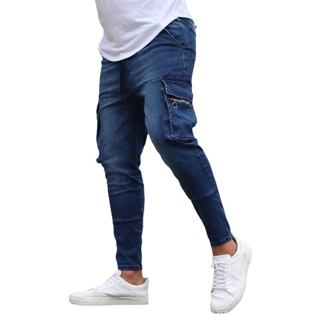 DRIPX Street Elastic Jeans Men Denim Cargo Pants Wash Solid Color Multi Pockets Casual Mid Waist Trousers Slim Fit Daily Wear Joggers