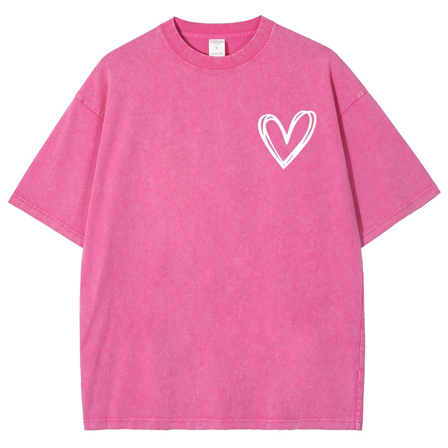 Colorful Round Neck Washed Denim Short-sleeved T-shirt Snowflake Pattern Love Print Back Letter Print Leisure Loose
