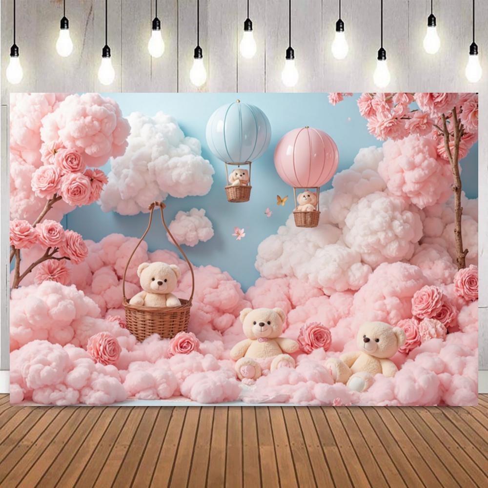 Pink Blue Dreamy Floral Clouds Photo Background Doll Bear Hot Air Balloon Newborn Baby Shower Birthday Party Decor Background14