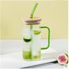 High Value Glass Straw Cup with Cover  Square Color Handle Transparent Glass Milk Tea Flat Bottom Single Layer Cup