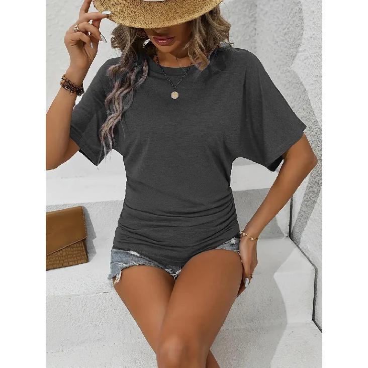 2026 Women's Casual Fashion Solid Color Pleated Round Neck Short Sleeve Slim Fit Summer T-Shirt Top