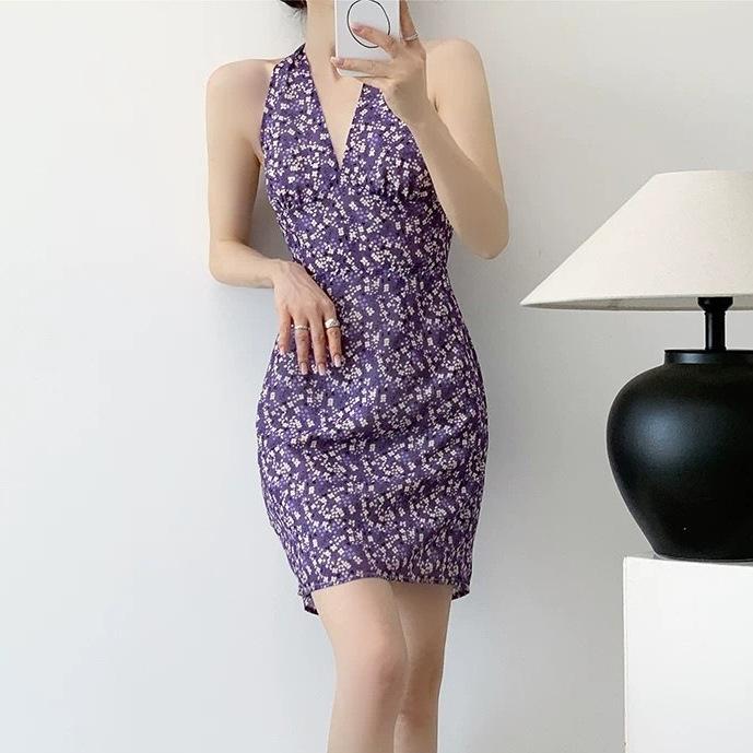 Purple royal sister wind floral neck deep V-neck dress women's summer French off-the-shoulder backless vacation hip-wrap skirt