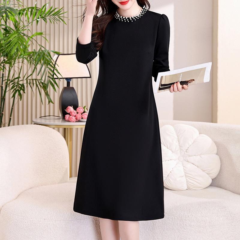 Black Slim-Fit Mid-Length Dress with Pearl Accents