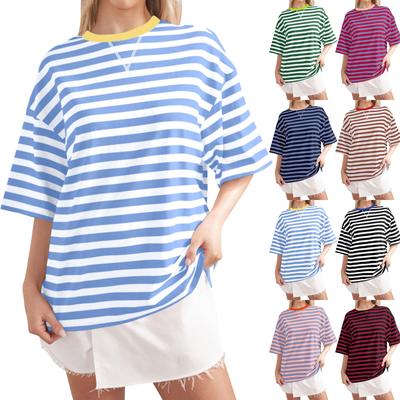 Women's Large Striped Color Blocking Short Sleeved Round Neck Sports Shirt Casual Loose Pullover Top