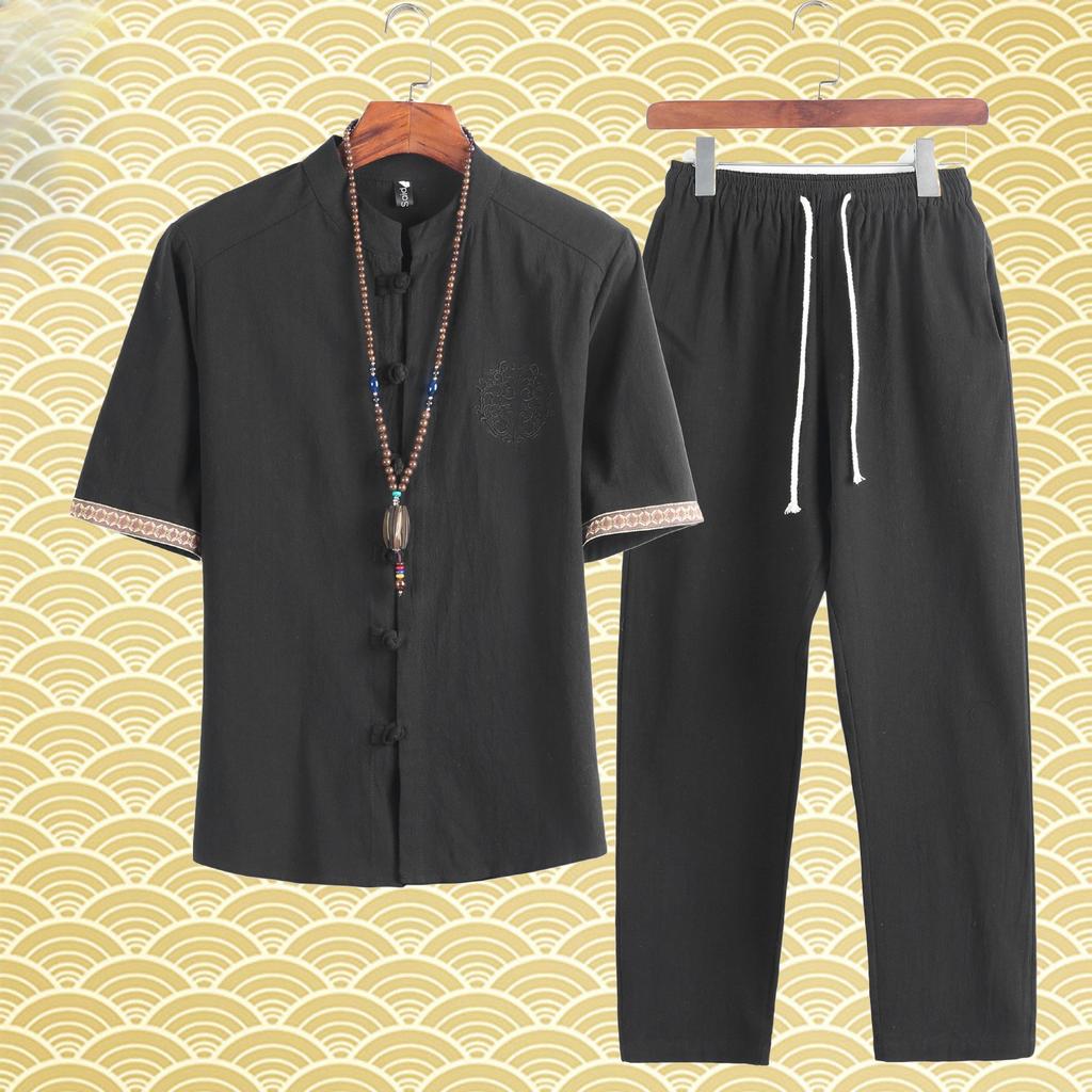 Chinese Style Summer Cotton and Linen Shirt Suit Men's Retro Button Embroidered Linen Short-sleeved Shirt and Trousers Two-piece Set