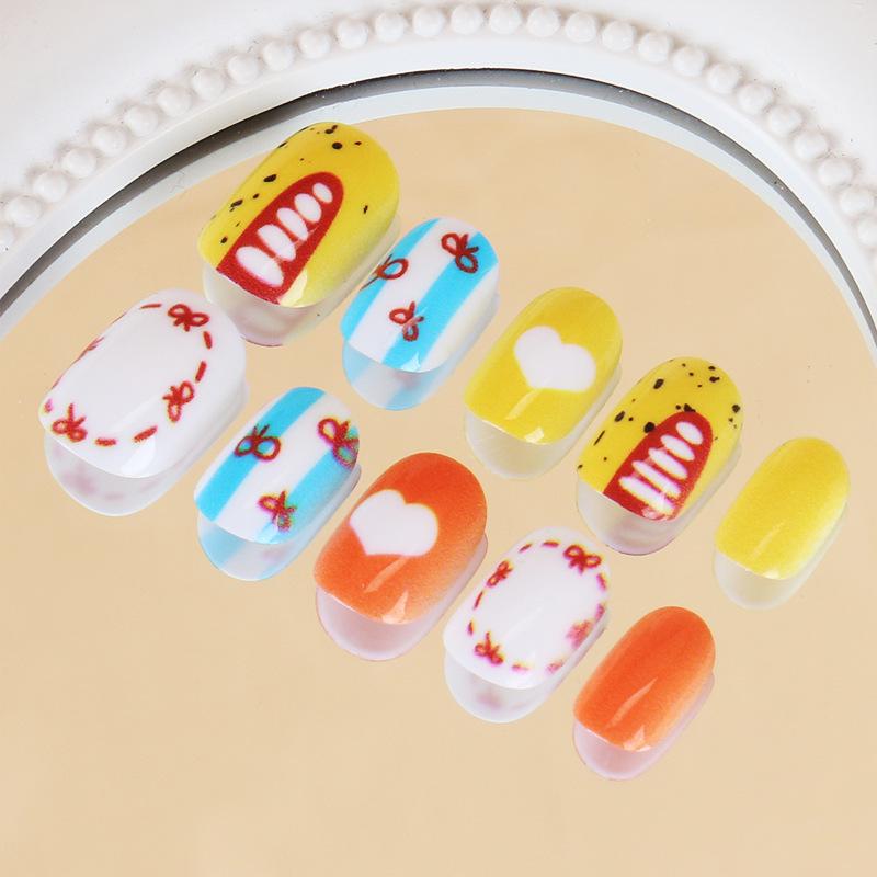 

Colorful Heart Bowknot Wearable False Nails for Girls UV Gel Glue Set