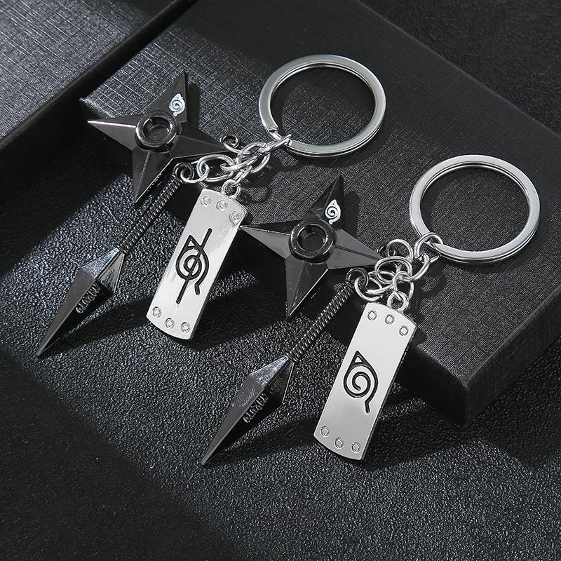 New Anime Keychain Naruto Kunai Modle Keyrings Konoha Symbol Akatsuki Pendant Key Chains Car Bag Keyfob Trinket Fans Gift