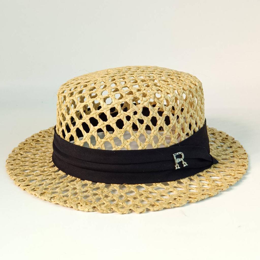 Breathable Mesh Straw Boater Hat for Women, Flat Top Wide Brim Sun Hat with Adjustable Black Ribbon & A