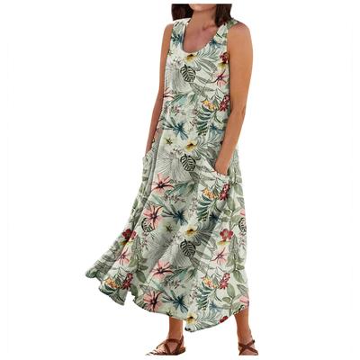 Damska letnia luźna, okrągły dekolt, kwiatowy nadruk, bez rękawów, duża sukienka typu swing z kieszeniami