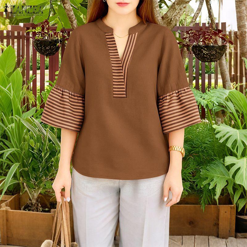 ZANZEA Women Casual V-Neck Loose 3/4 Sleeve Retro Blouse