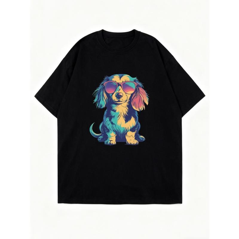 Oversized T Shirt Black Colorful Dog With Sunglasses Print Casual Wear For Women Summer Outfit Street Style Fashion Top