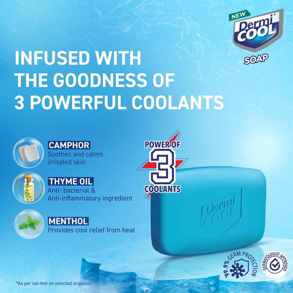 Dermicool Soap With 3 Coolants Camphor Menthol Thyme Oil 125g X3 Pack Of 1 Instant Cooling Fresh Skin