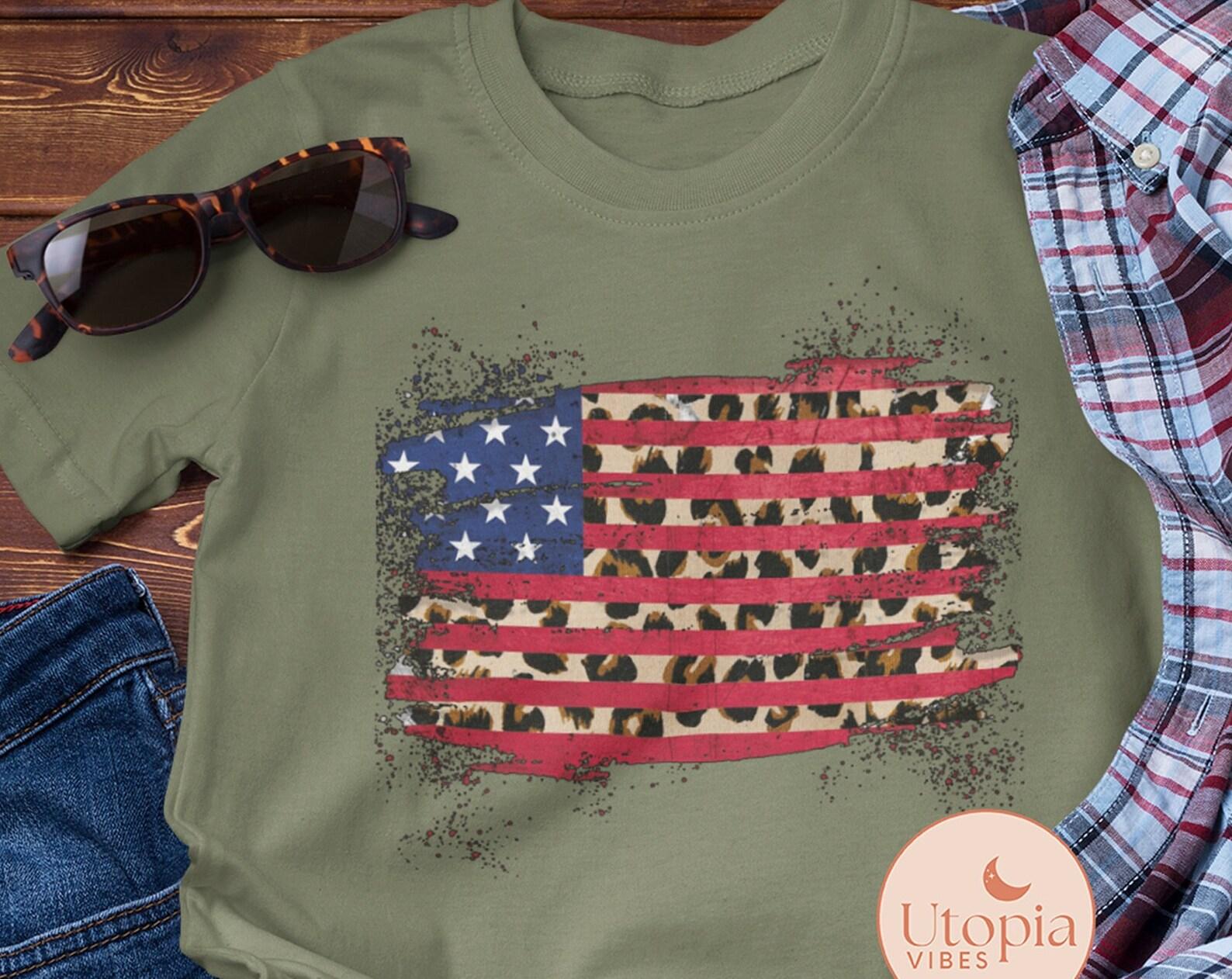 Leopard USA Flag Unisex T Shirt, Patriotic American Tee, USA Flag Distressed Shirt, Cheetah American Flag Tee, 4th Of July Tees L