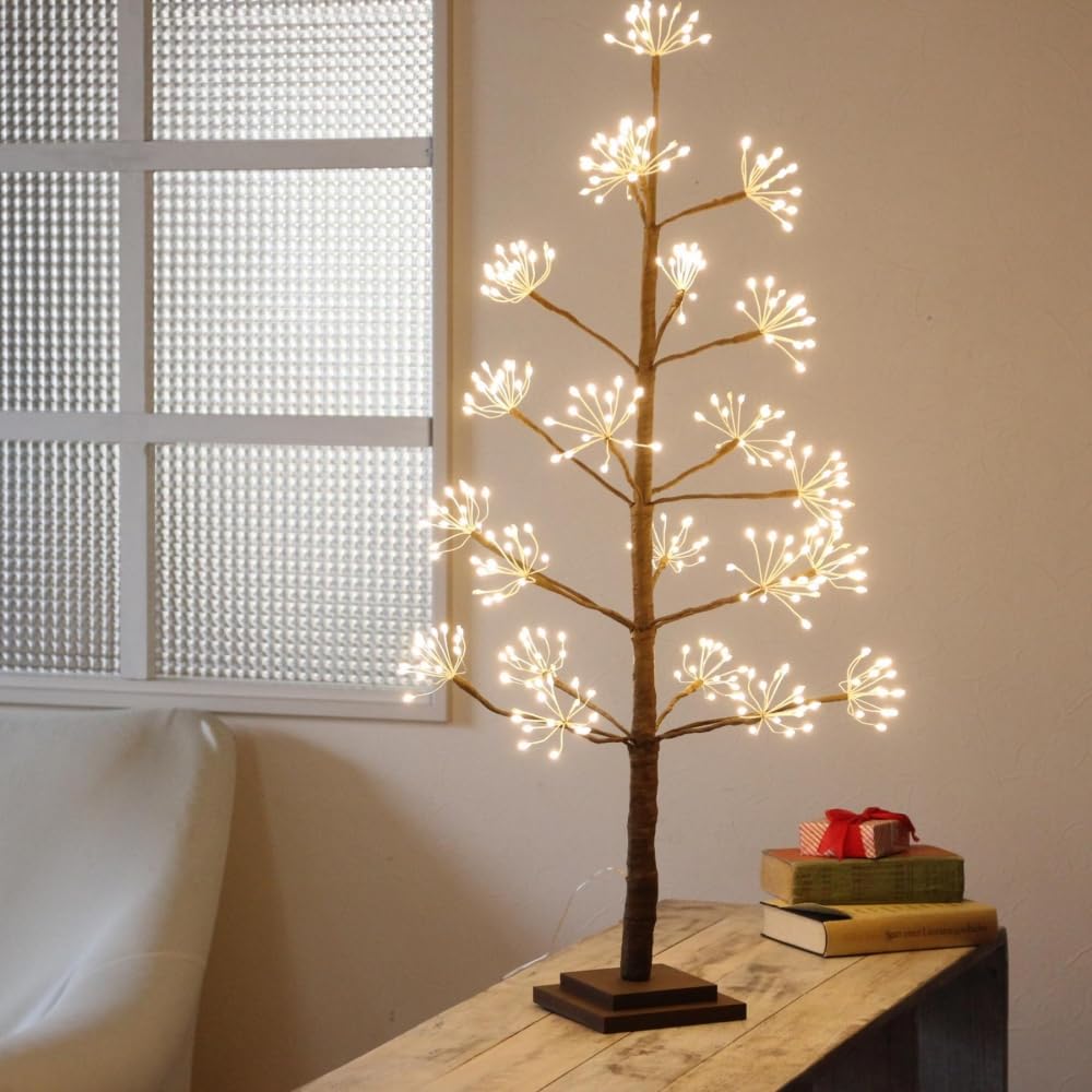 Wall-Mounted Revolution Christmas Tree with LED USB Lights, Glowing Ornament, Nordic Style, Natural Decoration (Blossom, 90cm/M Size)