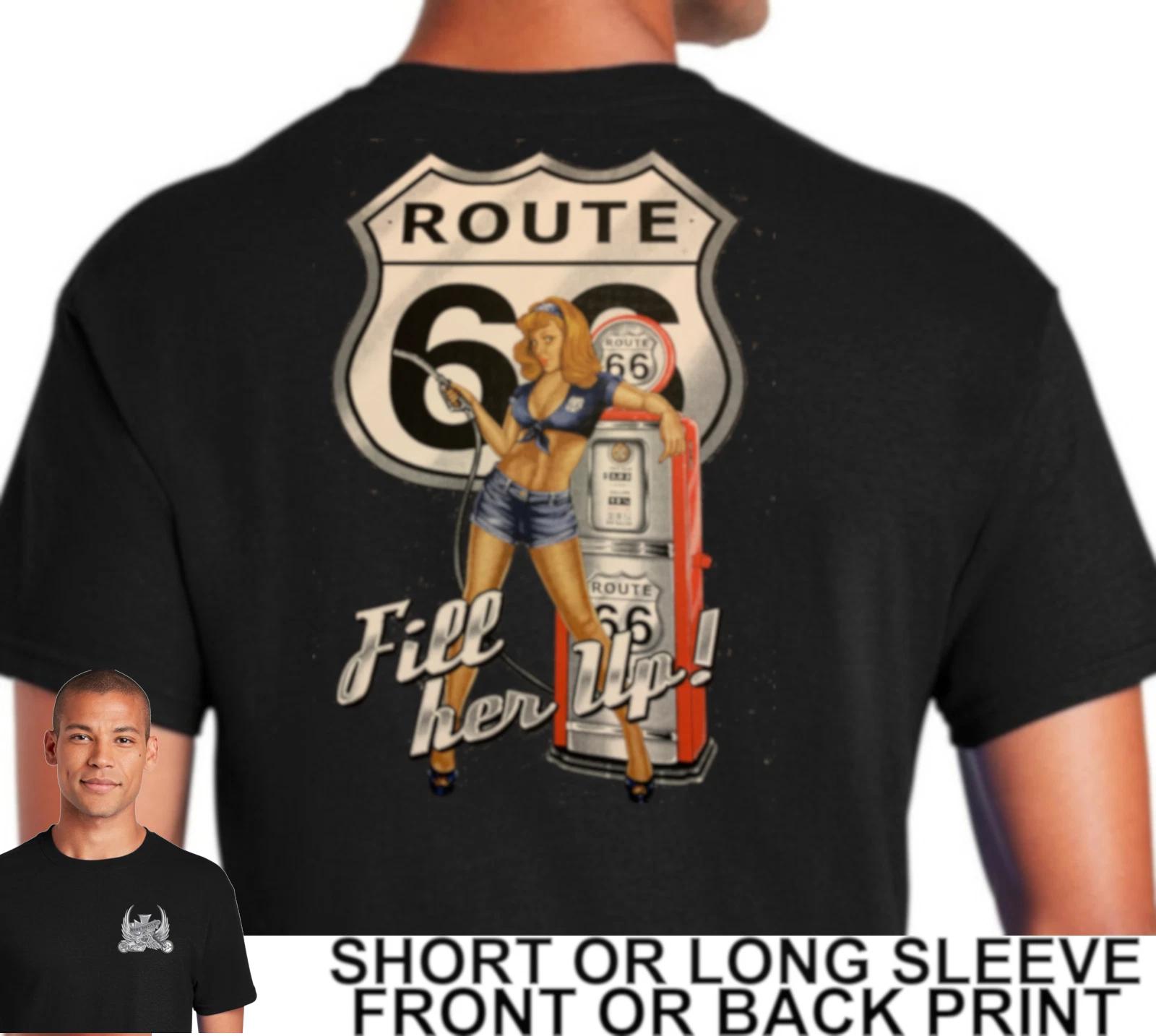 Route 66 Americas Highway Fill Er Up Sexy Girl In Shorts Gas Pump Mens T Shirt XS