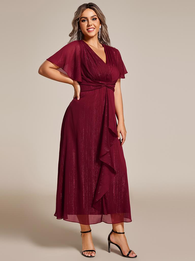 Ever-Pretty Women's Plus Size Shimmer Short Sleeve A-Line Midi Wedding Guest Dress with Ruffled Hem