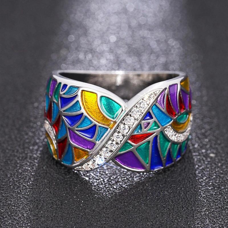 Huitan Colorful Enamel Rings for Women Unique Design Cocktail Rings Party Fancy Birthday Gift Special-interested Female