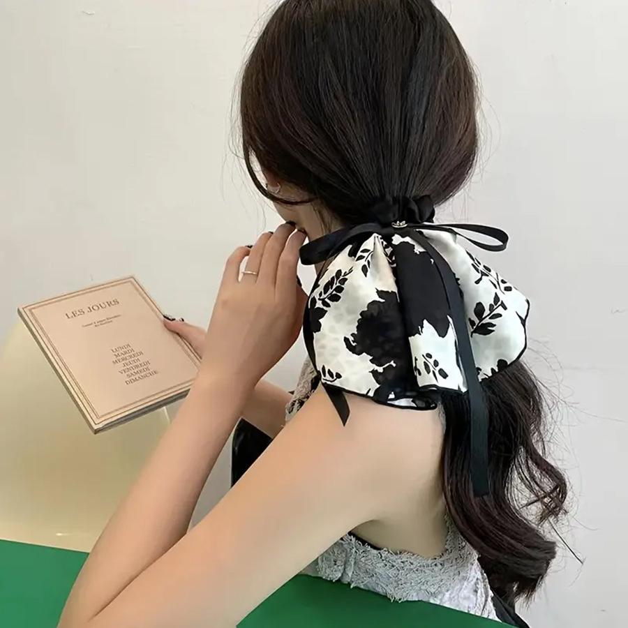 Korea Blumen Schleife Scrunchies für Frauen Satin Langes Band Pferdeschwanz Schal Mädchen Haargummis Druck Elastische Haarbänder Accessoires