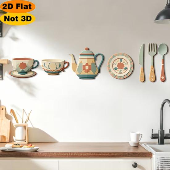 Vintage Tableware Pattern Stickers 7Pcs 2D Flat Kitchen Wooden Wall Decor, Retro Teapot Themed Peel Stick Dining Room Decor Art, Self?Adhesive