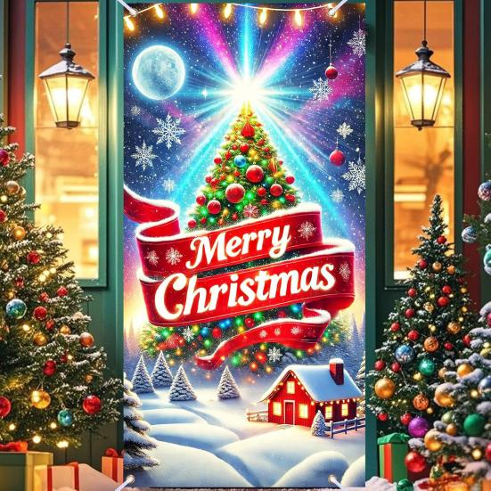Fluorescerande Juldörröverdrag 71x35 tum Lyser i Mörkret Dörrbanner med Jultomte Gran Presentask för Vinter ytterdörr Fest Väggdekor