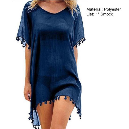 Swimsuit Cover Up Solid Color Loose Bikini Dress See-through Tassel for Holiday
