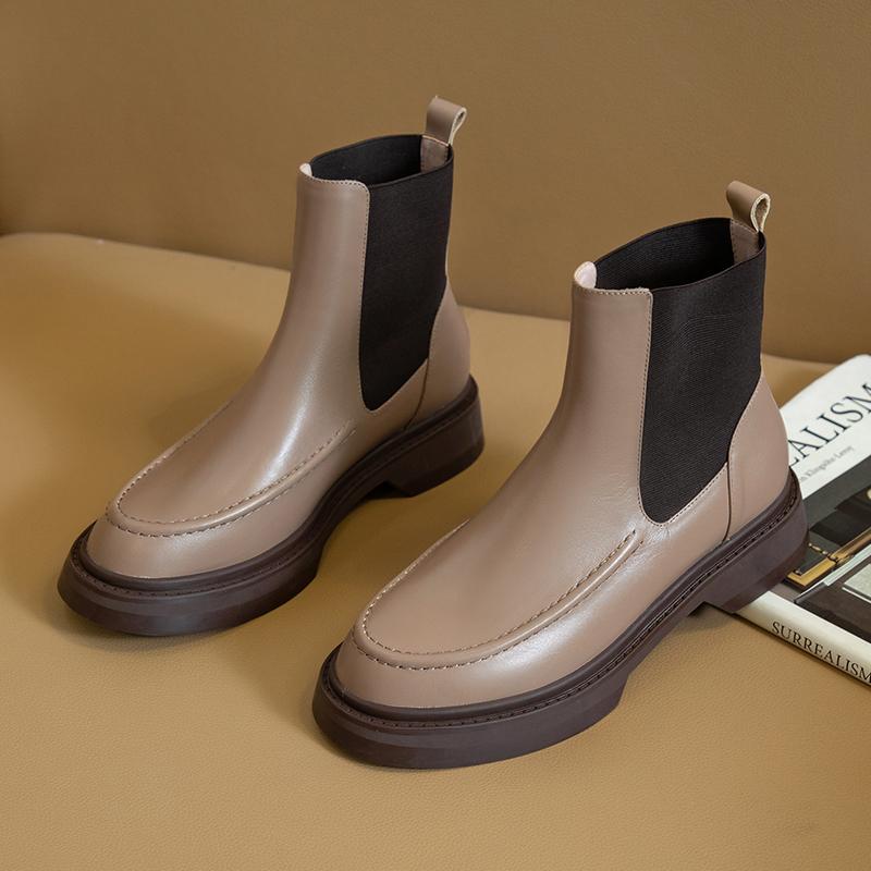 Fashion Hot Genuine Leather Women's Boots Retro British Style Slip-On Chelsea Boots Fashion Ankle Boots Round Toe Flat with Women Shoes