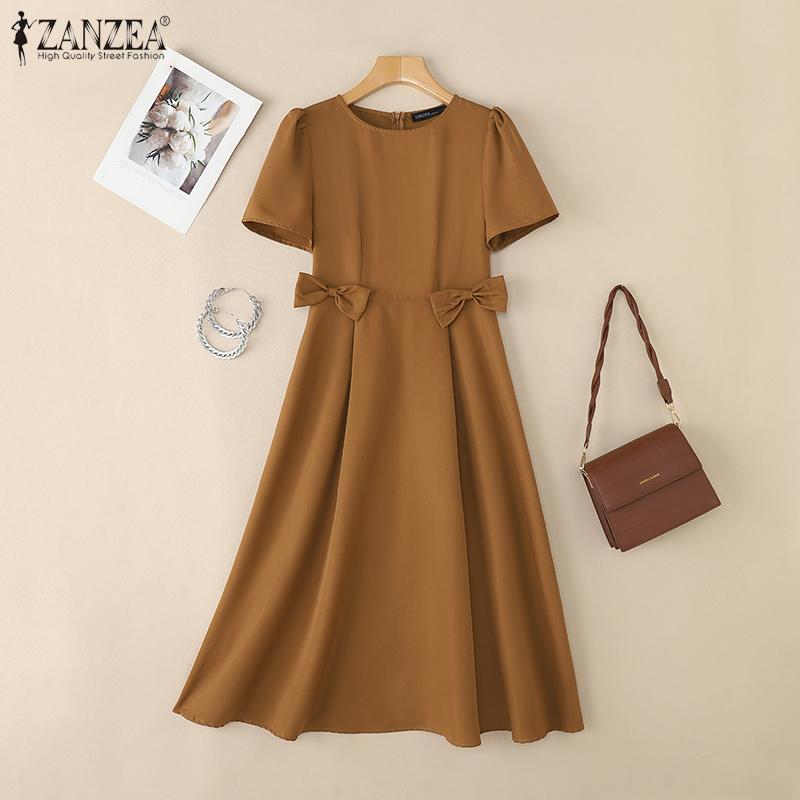 ZANZEA Women Casual Round Neck Solid Color Summer Short Sleeve Dress