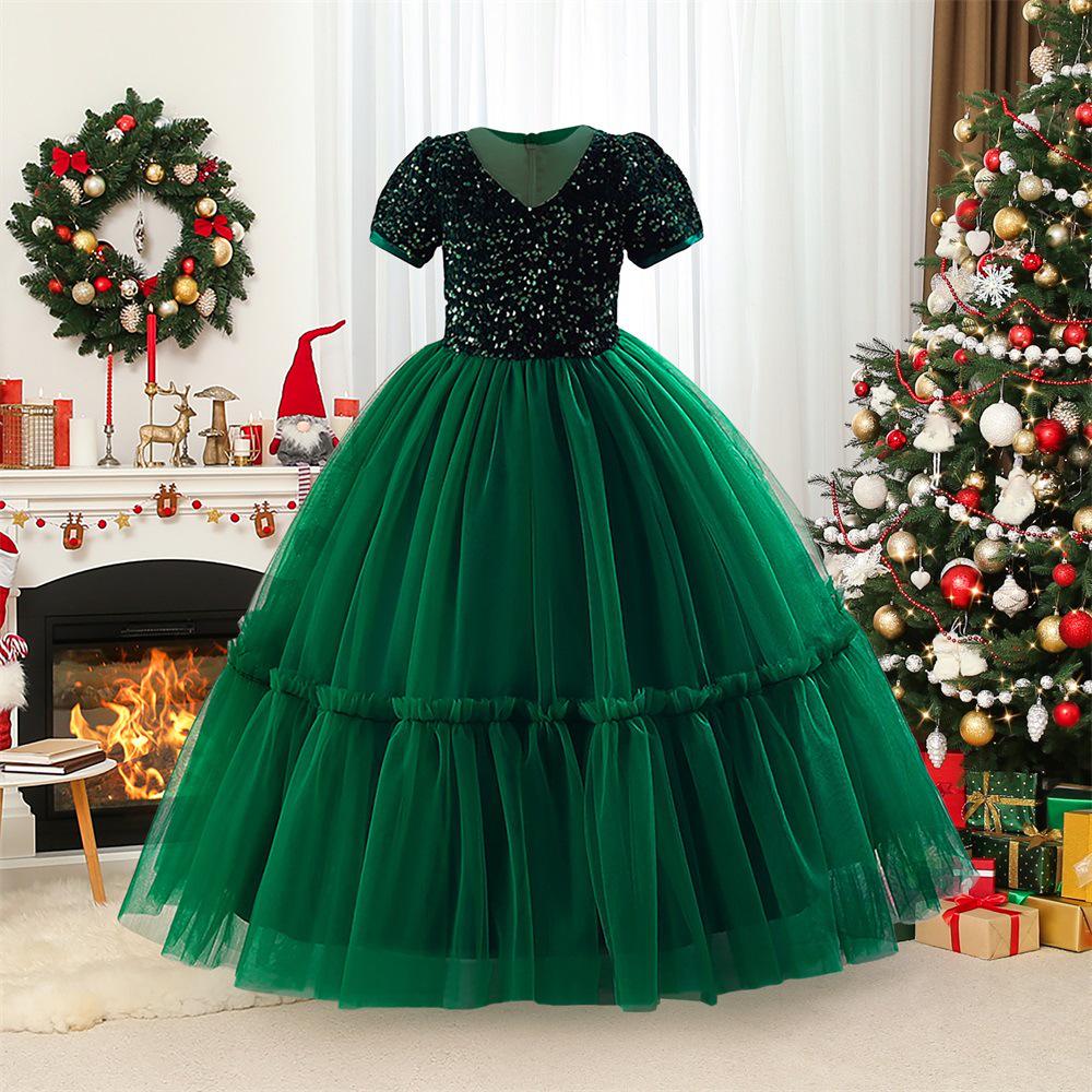 European & American Christmas Girl's Sequin Mesh Princess Dress - Long Evening & Birthday Gown