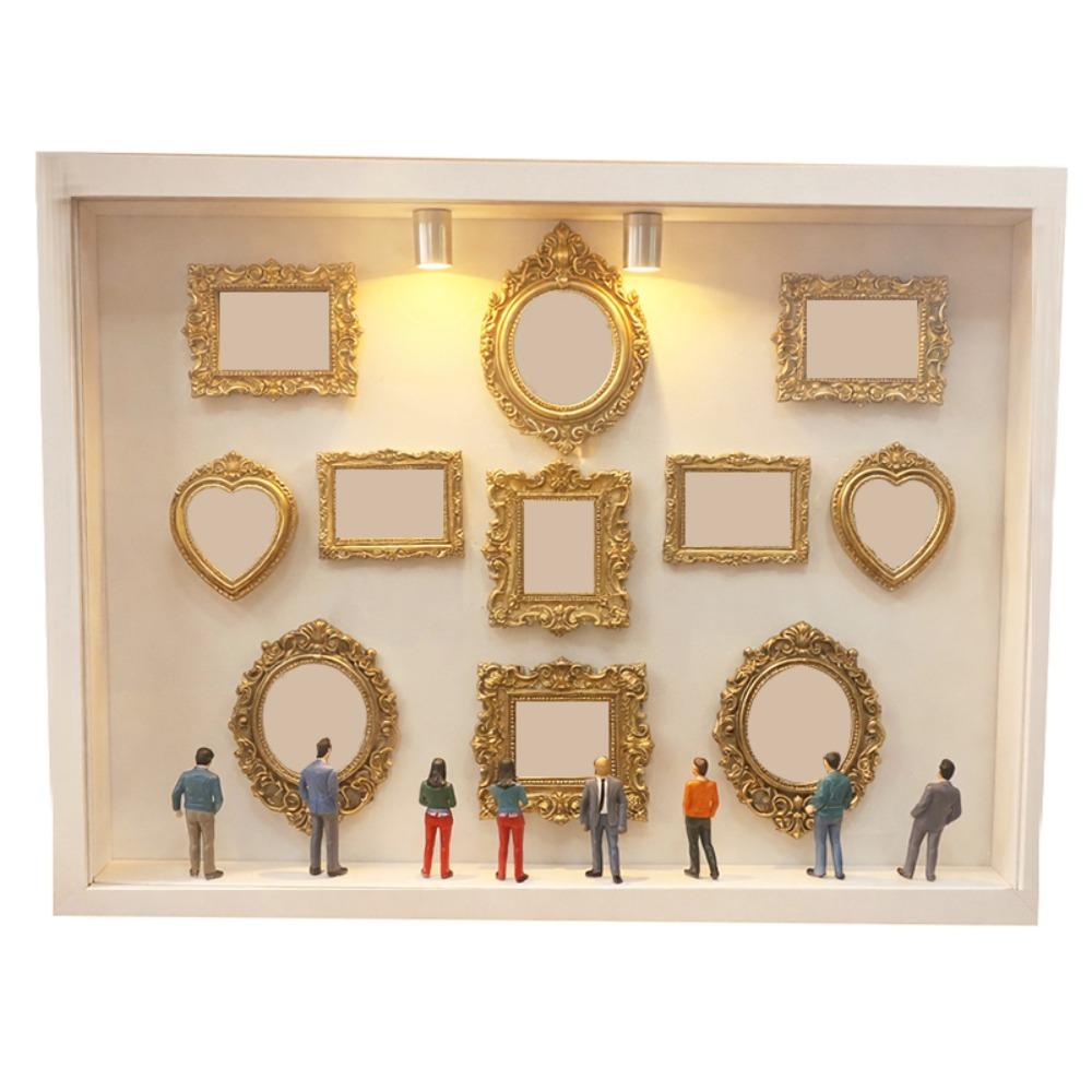 

LED Light DIY Mini Museum Silhouette Box Miniature Desk Photo Frame 8 Mini Figurines Memory Display Kit Gold Frames Photo Frame