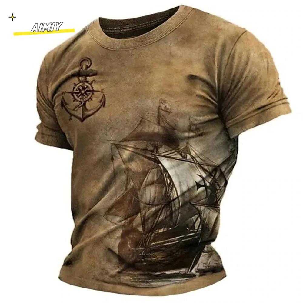Vintage Summer Compass Pattern 3D Printed Short-sleeve Men's T-shirts Loose Daily Men Clothing Casual Streetwear