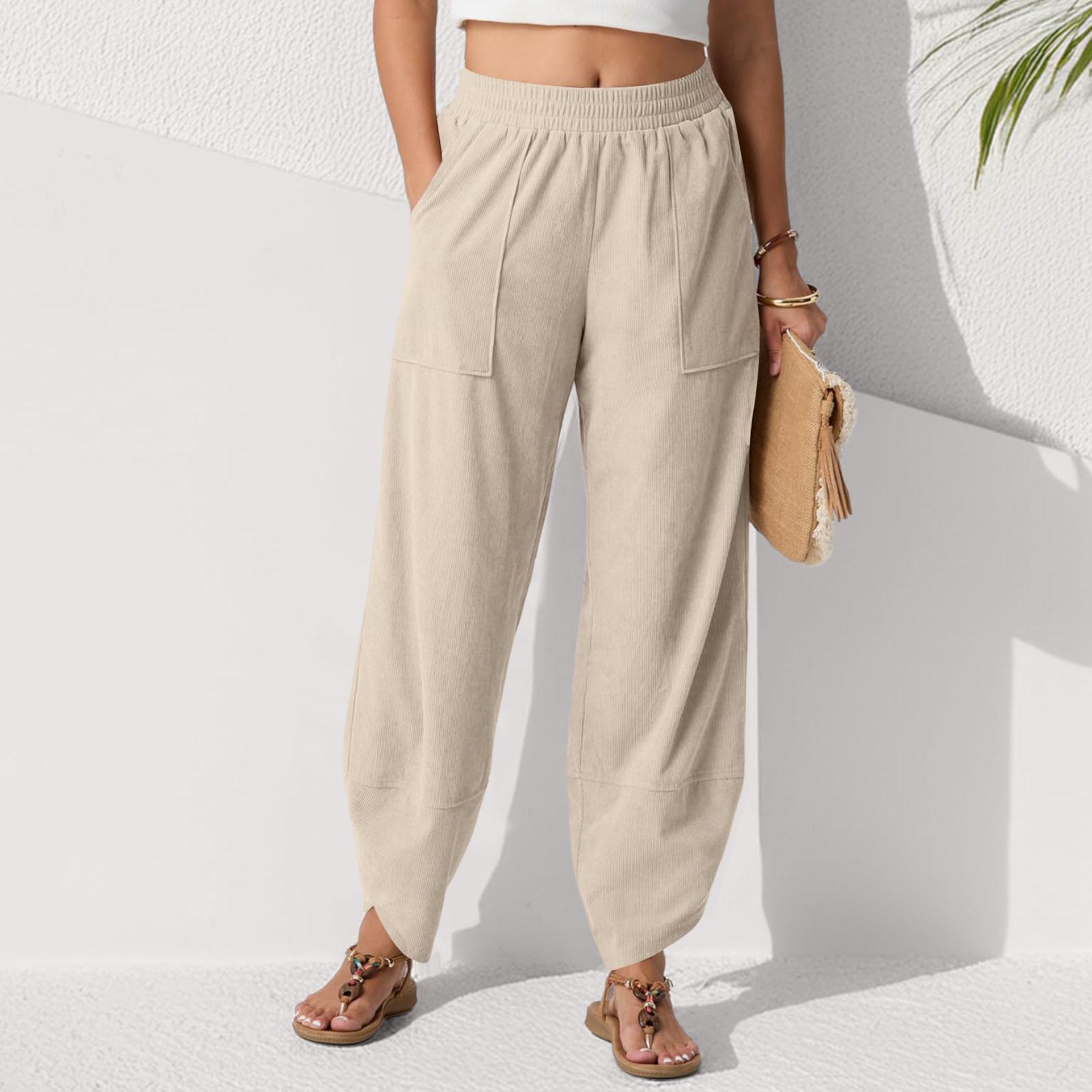 

Fashion Trend Women s Solid Color Pocket Casual Cropped Pants L бежевый