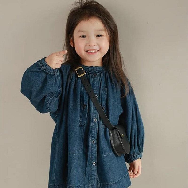 Girls Long Sleeve Dress Solid Color Denim Dress Children Spring Autumn Loose Casual Buttons Tops Dresses for Kids
