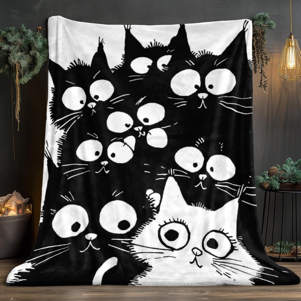 1pc Ultra-Soft Lightweight Flannel Blanket with Playful Black & White Cat Design - Cozy Warm All-Season Throw for Camping, Trave