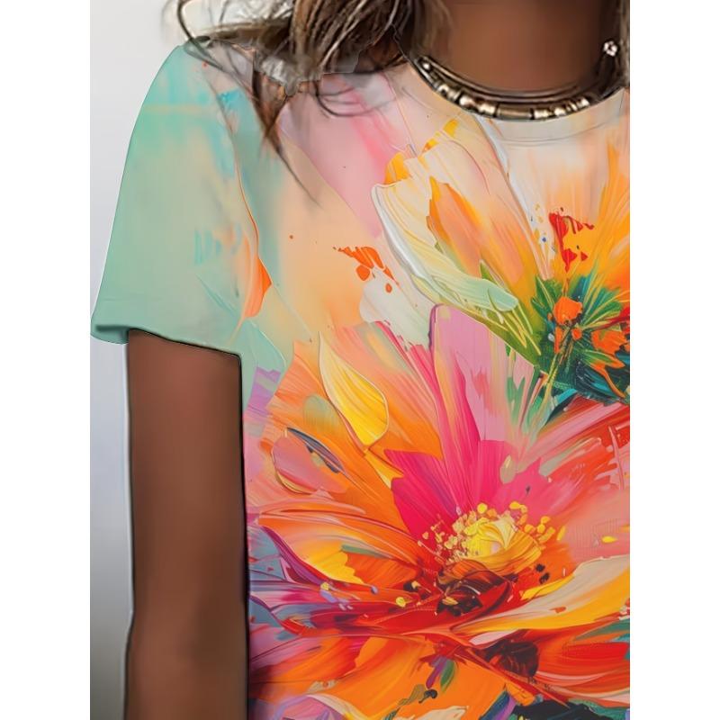 Damen 3D-bedrucktes Farb-T-Shirt - Schlank geschnittenes Rundhals-Oberteil mit kurzen Ärmeln für Frühling und Sommer, Freizeitkleidung, maschinenwaschbar